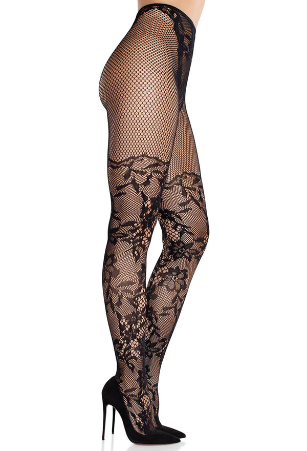 Leg Avenue - Dahlia Lace Tights with Net Thigh Detail