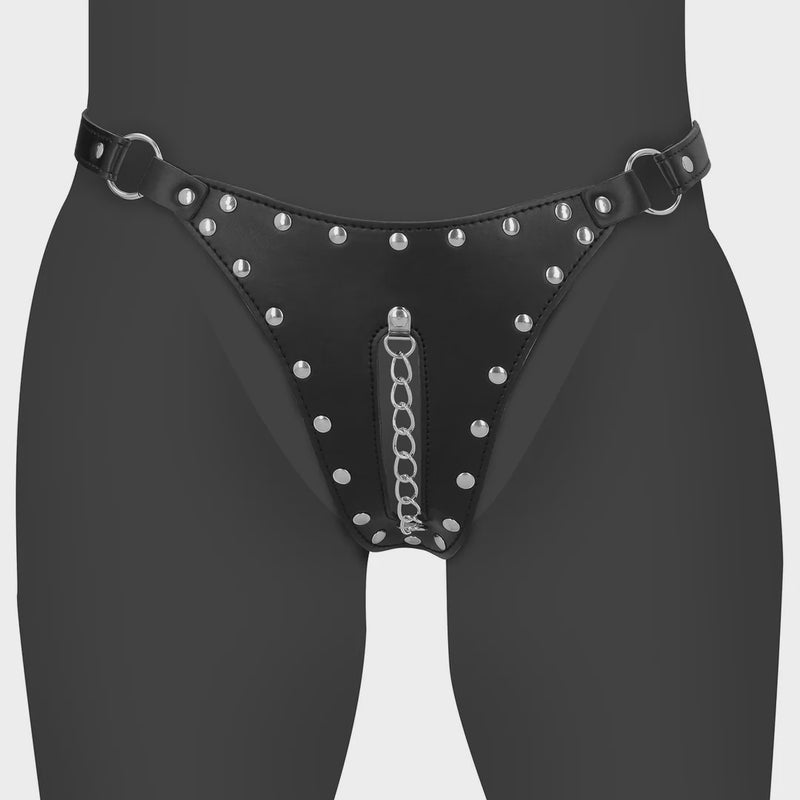 Ouch - Leather Chastity Thong with Chain Detail